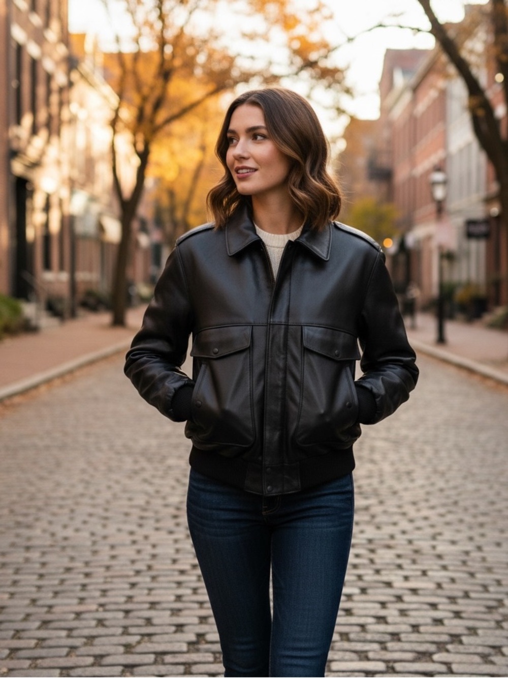 Gino Leather Vintage Classic Black Leather Bomber Jacket - Women's